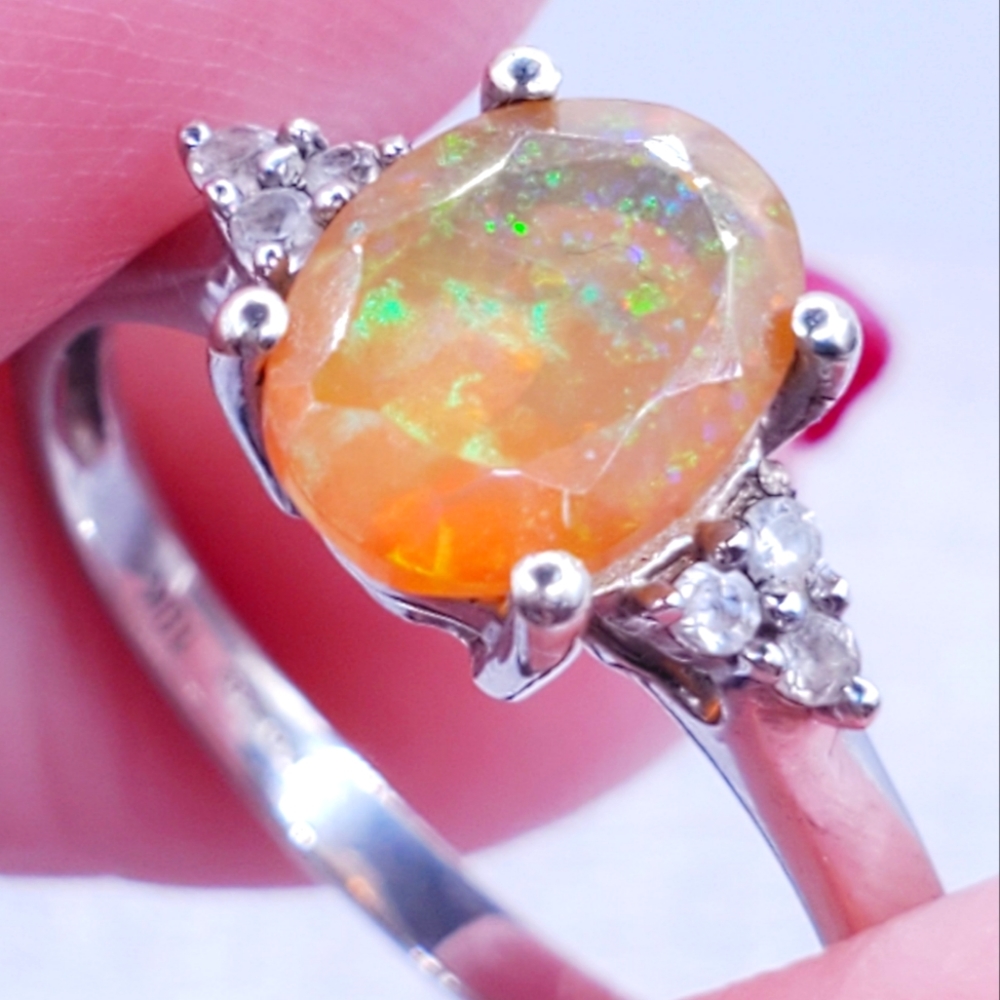 10k Solid White Gold Genuine Ethiopian Oval Opal & White Zircon Ring